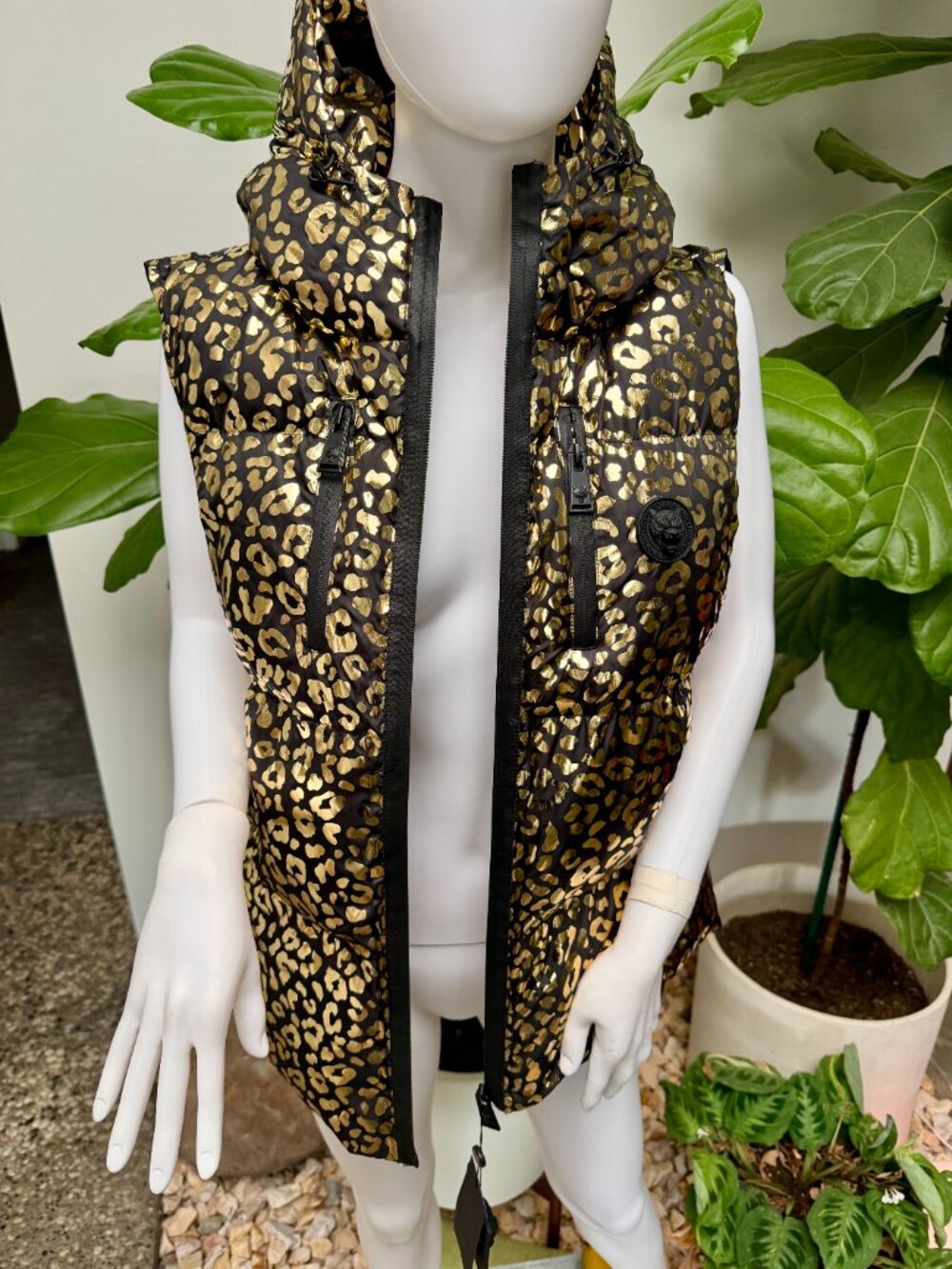 NWT - PLEIN SPORT Gold & Black Leopard-Print Puffer Gilet  $610